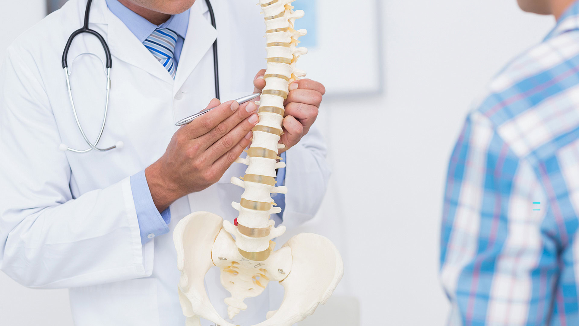 Doctor showing anatomical spine to his patient in medical office